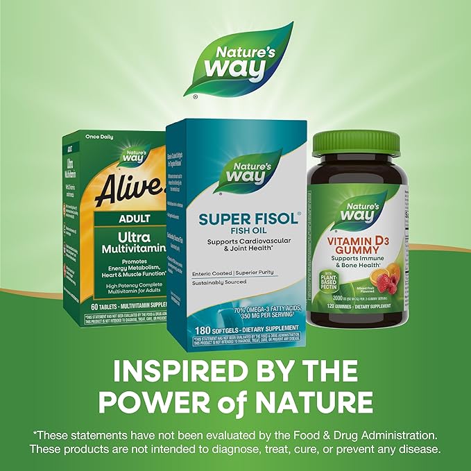 Nature's Way Super Fisol Fish Oil Omega 3 Supplements Enteric Coated Supports Cardiovascular and Joint Health* Mega Potency Omega-3s 180 Softgels (Packaging May Vary)