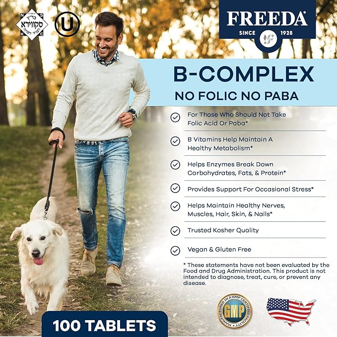Freeda Vitamin B Complex No Folic No PABA - Super B Complex Kosher Vitamin Supplement with Vitamin B1 Vitamin B2 Vitamin B3 Vitamin B5 Vitamin B6 Vitamin B12 - Vit B Complex B for Women &amp Men (250