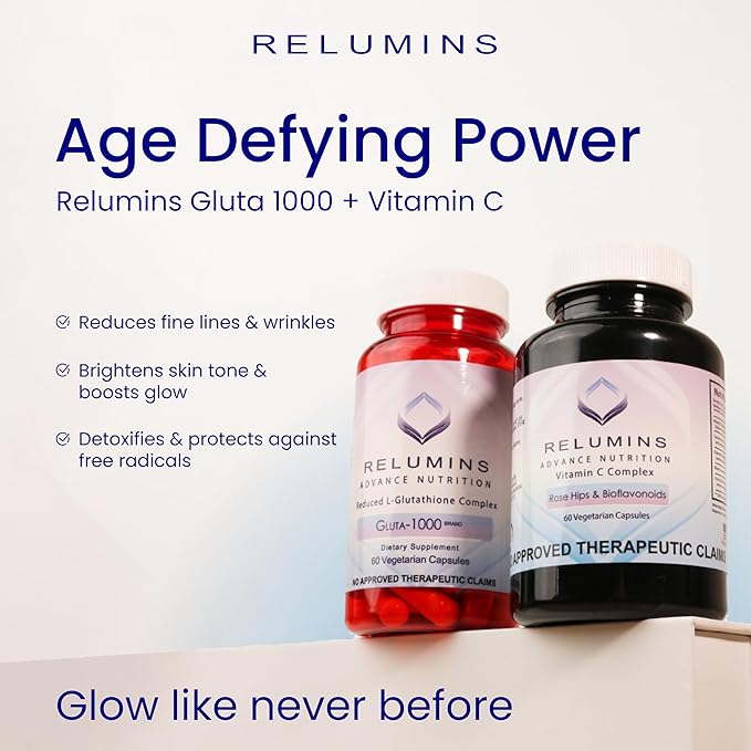 Relumins L-Glutathione &amp Vitamin C Supplement Bundle – 1000mg Reduced Glutathione Complex with Alpha Lipoic Acid &amp Rose HIPS (30 Capsules) + MAX Vitamin C 1000mg (60 Capsules)