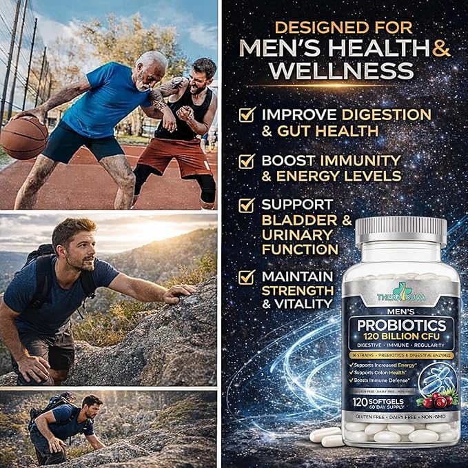 Men’s Advanced Probiotics 120 Billion CFU - 36 Strains + Prebiotics Enzymes &amp Veggie Blend for Gut Immune &amp Colon Health - 2 Month Supply 120 Softgels