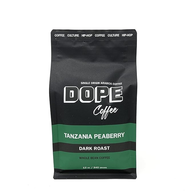 Dope Coffee Ground Tanzania Peaberry Dark Roast Rainforest Alliance 100% Arabica Coffee 12oz