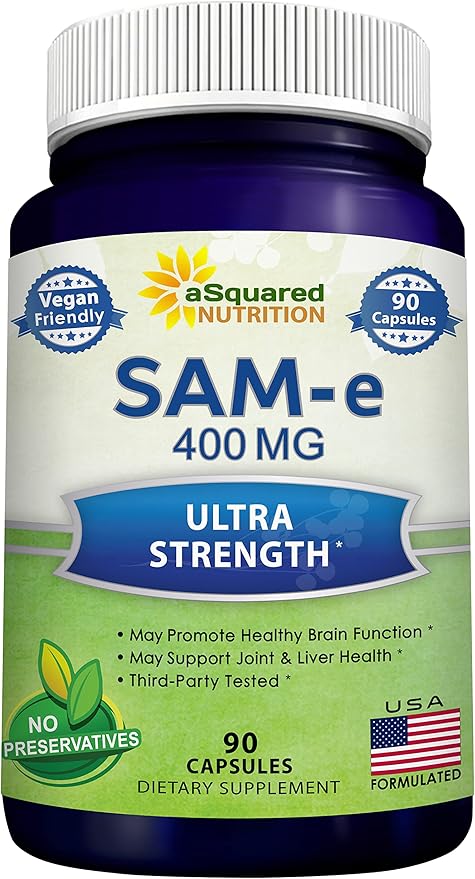 aSquared Nutrition SAM-e 400mg Supplement - 90 Capsules - Same (S-Adenosyl Methionine) to Support Mood Joint Health and Brain Function - Extra Strength Vegan SAM e Pills