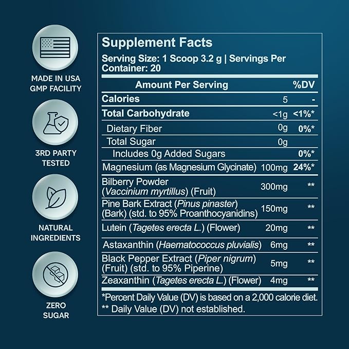 Computer Eye Strain Relief Drink Mix with 20mg Lutein 4mg Zeaxanthin 6mg Astaxanthin Bilberry Fruit &amp Pine Bark Extract Magnesium Glycinate Vision Supplement No Sugar
