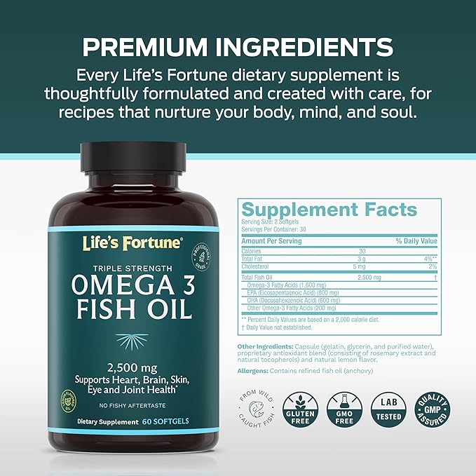 Life's Fortune Fish Oil Omega 3 Concentrate Supplement 2500 mg 60 Softgels High Potency EPA &amp DHA Fatty Acid - Heart Brain Skin Joints - Non GMO