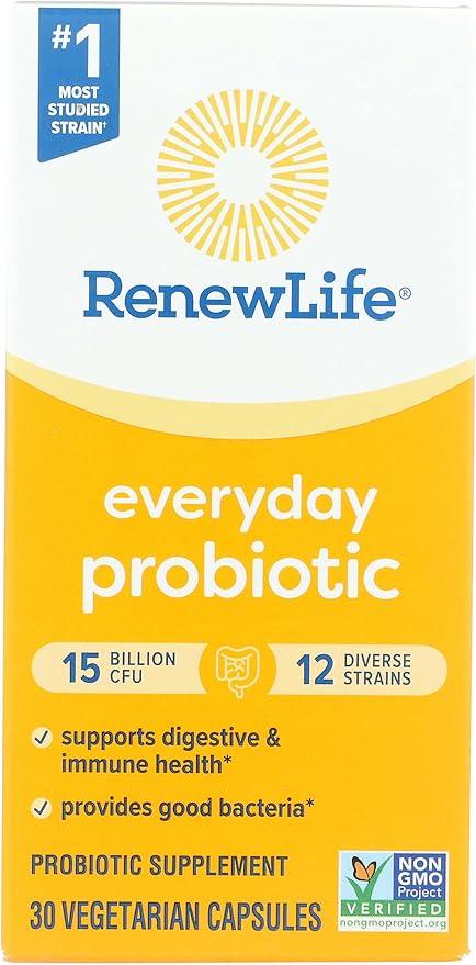 Renew Life Everyday Probiotic Capsules Daily Supplement Supports Urinary Digestive and Immune Health L. Rhamnosus GG Dairy Soy and Gluten-Free 15 Billion CFU 30 Count