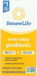 Renew Life Everyday Probiotic Capsules Daily Supplement Supports Urinary Digestive and Immune Health L. Rhamnosus GG Dairy Soy and Gluten-Free 15 Billion CFU 30 Count