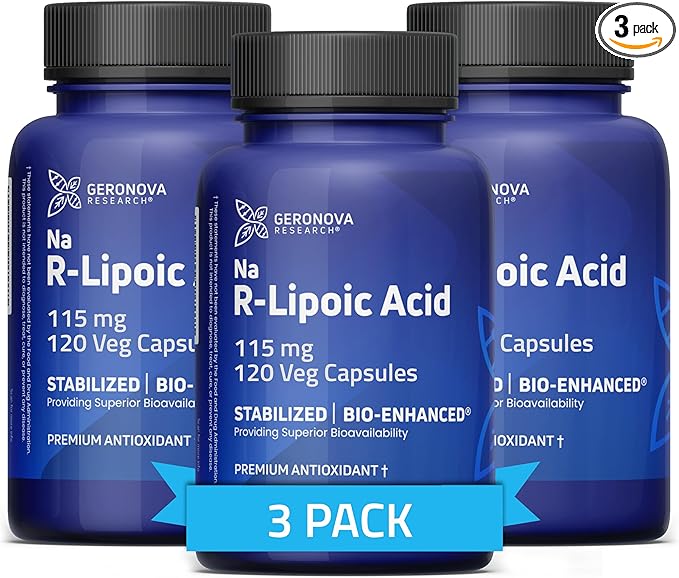 Geronova Research Bio-Enhanced R-Lipoic Acid 115 mg Capsules - 12 Month Supply - Stabilized R Alpha Lipoic Acid with Enhanced Absorption - R Lipoic Acid Supplement - 360 Count