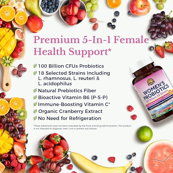 Vitalitown Women's Probiotics | 100 Billion CFUs 18 Strains | Prebiotics VC &amp B6 Cranberry | Shelf Stable | Vaginal Urinary Digestive &amp Mood Support | 60 Vegan Caps