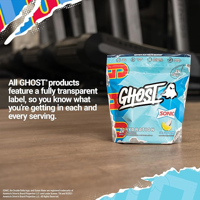 GHOST Hydration Packets Sonic Ocean Water 24 Sticks Electrolyte Powder - Drink Mix Supplement with Magnesium Potassium Calcium Vitamin C - Vegan Free of Soy Sugar &amp Gluten