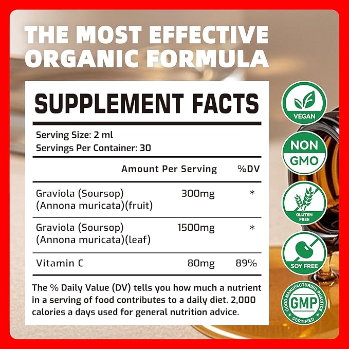 Soursop Graviola Leaf Extract Liquid Drop for Cell Support &amp Regeneration Immune Boost Relax Liver and Sleep Soursop Bitters Liquid Herbal Goodness Sugar/Gluten Free Strawberry Flavor 2 Fl