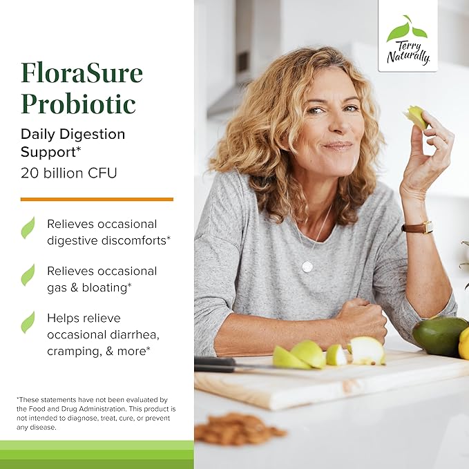 Terry Naturally FloraSure Probiotic - Digestion Supplement to Aid Against Occasional Bloating &amp Support Gas Relief - Gut Health Support Supplement with Bifidobacterium Bifidum - 30 Capsules