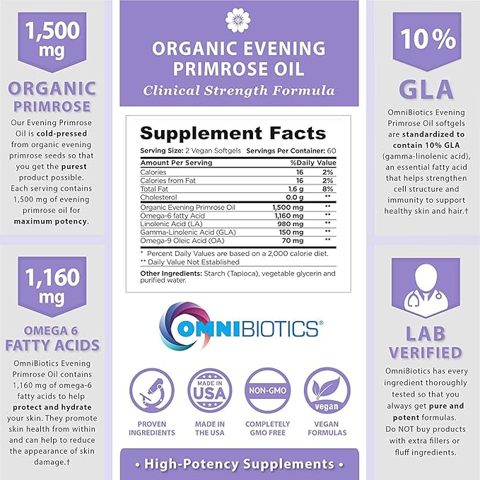 OmniBiotics Organic Evening Primrose Oil for Women – Clinical Strength 1500mg per Capsule 10% GLA Cold-Pressed Non-GMO Hormone Balance for Women – 120 Vegan Softgel Capsules