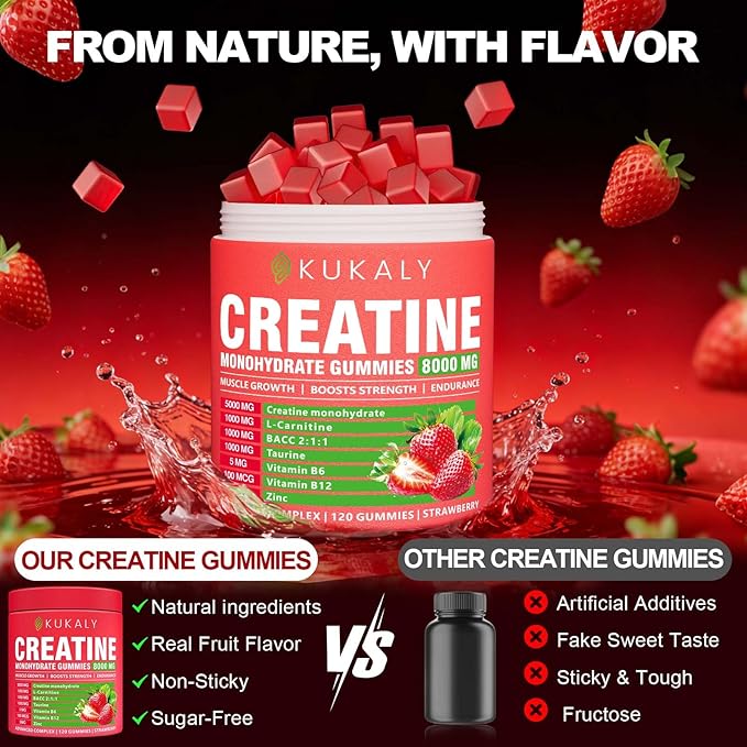 Creatine Monohydrate Gummies for Men &amp Women 8500MG Creatine Gummies Sugar Free Strawberry Flavored with L-Taurine BCAA 2:1 B12 B6 for Boost Strength Focus &amp Endurance Vegan Non-GMO 120