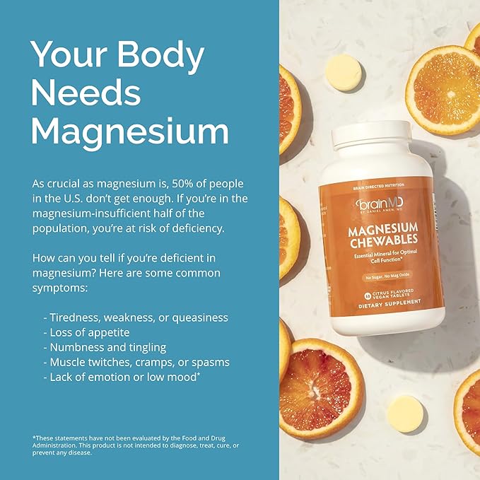 BRAINMD Dr Amen Magnesium Chewables Citrus - 60 Chewable Tablets - Essential Mineral for Optimal Cell Function - Supports Memory &amp Focus - Gluten Free - 60 Servings