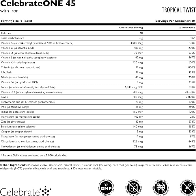 Celebrate Vitamins CelebrateONE 45 Chewables 45mg Iron - Once Daily Bariatric Multivitamin Essential Vitamins &amp Minerals - Gastric Bypass &amp Sleeve Gastrectomy Supplement - Tropical (90 Table