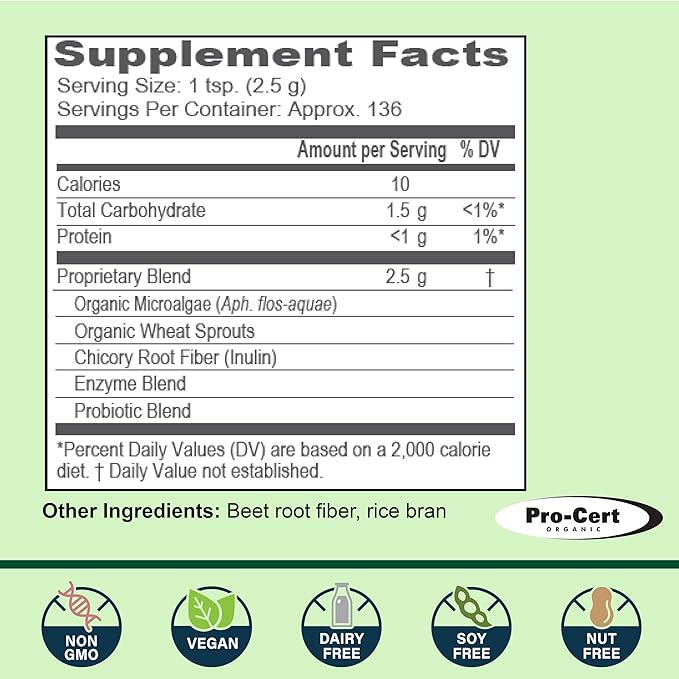 New Earth Essentials Blend Full-Spectrum Nutrition Powder with Probiotics &amp Enzymes | Organic Wild Microalgae Digestive Support Daily Energy &amp Nutrient Absorption | Vegan GMO-Free