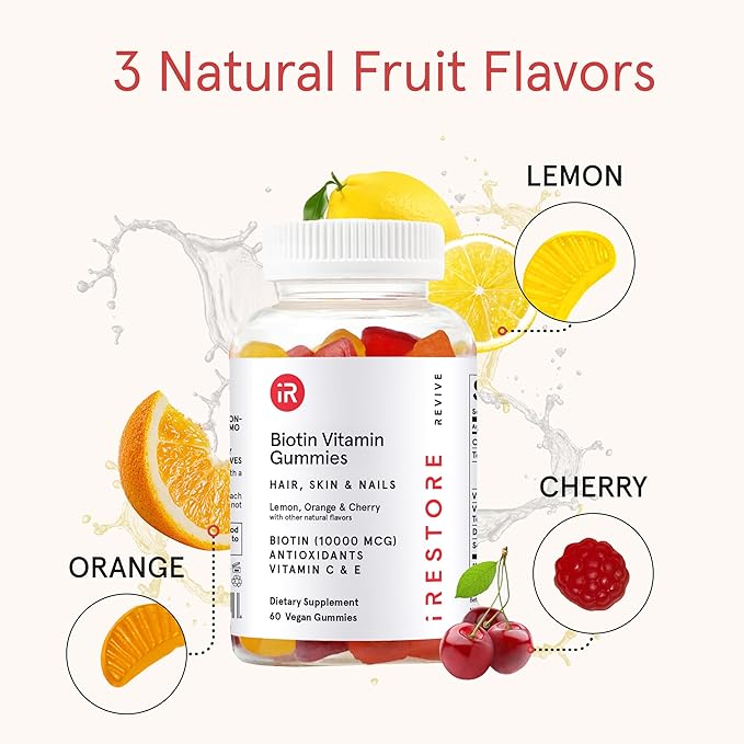 iRestore Biotin Gummies 10000 mcg - 3 Natural Fruit Flavors Hair Vitamins Multi Supplement for Hair Skin and Nails for Women &amp Men 60 Vegan Gummies 30 Day Supply
