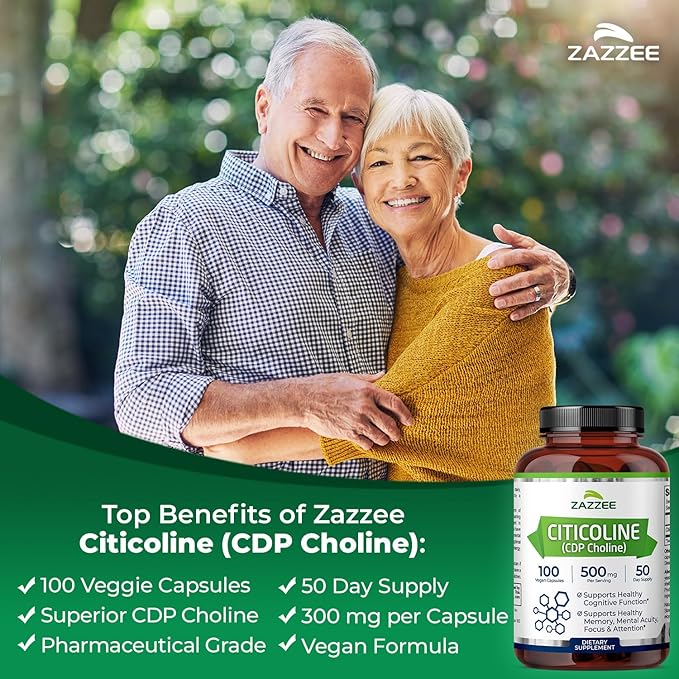 Zazzee Extra Strength Citicoline 500 mg per Serving 100 Vegan Capsules Superior CDP Choline Form 100% Vegetarian and Pharmaceutical Grade 50-Day Supply All-Natural and Non-GMO (Pack of 2)