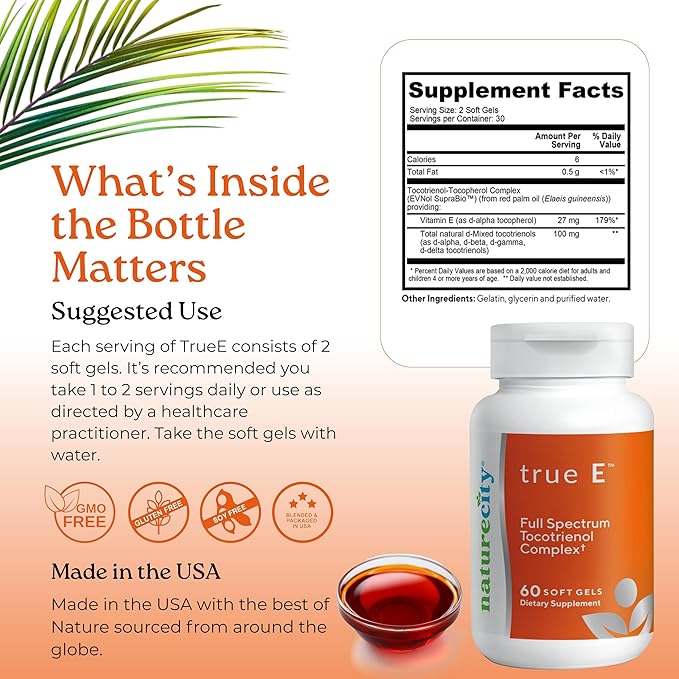 NatureCity True-E Full Spectrum Tocotrienols Vitamin E &amp Natural Alpha Tocopherol Supplement | Sustainable Vitamin E Tocotrienols from Evnol Suprabio | Non-GMO Vitamin E Complex | 60 Soft gels