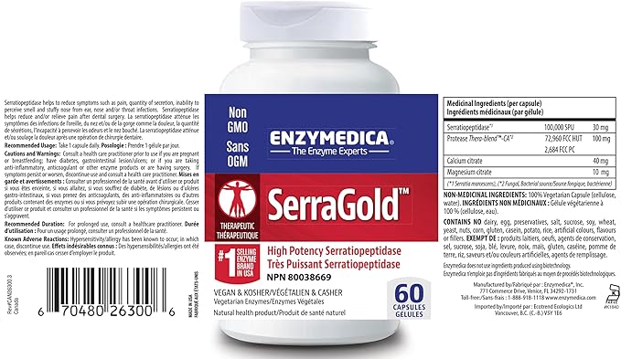 Enzymedica SerraGold High-Potency Serrapeptase Enzyme Supplement Supports Respiratory Heart &amp Immune Function 60 Count