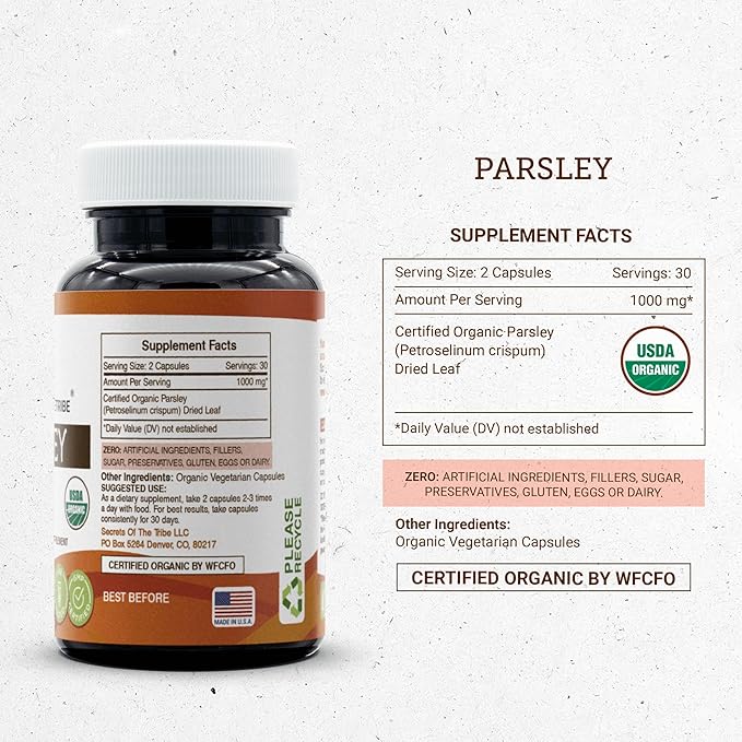 Secrets of the Tribe Parsley USDA Organic 60 Capsules | Made with Vegetarian Capsules and Certified Organic Parsley (Petroselinum crispum) Dried Leaf (60 Capsules)