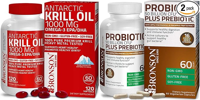 Bronson Probiotic 50 Billion CFU + Prebiotic with Apple Polyphenols &amp Pineapple Fruit Extrac Antarctic Krill Oil 1000 mg with Omega-3s EPA DHA