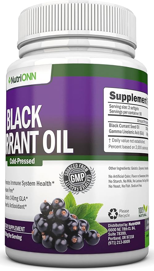 Black Currant Oil - 1000 Mg - 180 Softgels - Cold-Pressed Pure Black Currant Seed Oil - Hexane Free - 140mg GLA Per Serving - Regulates Hormonal Balance - Great For Immune System Hair and Skin