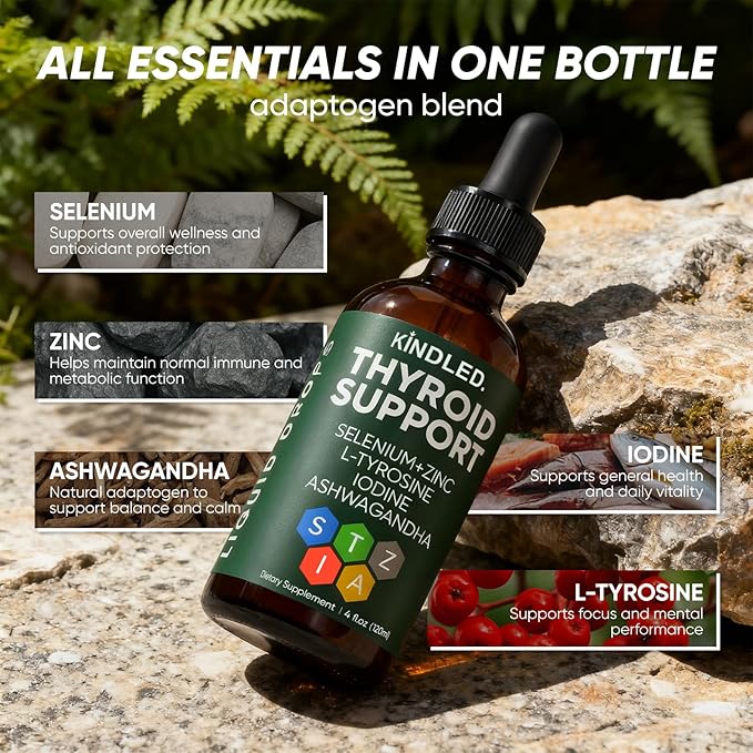 Kindled Thyroid Support Drops | Liquid Drops with Selenium Zinc &amp L-Tyrosine Iodine Ashwagandha | kindled Thyroid Support Daily Support – 4 fl.oz (120mL)