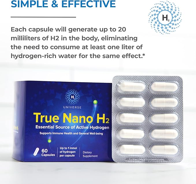 True Nano H2 Plus by H2 Universe| Molecular Hydrogen with Active Hydrogen Nanobubbles | Boosts Energy Powerful Antioxidant | 60 Capsules