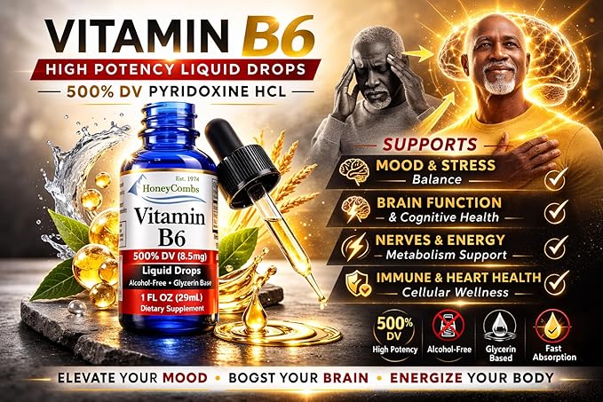 Vitamin B6 Liquid Drops 500% DV Pyridoxine B6 Supplement Alcohol Free Fast Absorbing B6 Vitamins for Energy Brain &amp Immune Support Made in the USA