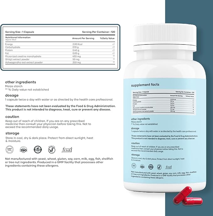 Mars Micronized Creatine Monohydrate Caps with Shilajit &amp Surgemax (120N) | 100% Pure &amp Natural | Overall Well-Being - Pack of 1