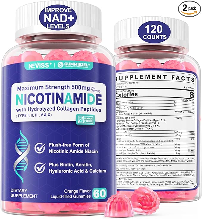 2 Pack - Nicotinamide 500mg Gummies NAD+ Supplement for Women &amp Men w/ Collagen Peptides (Flush Free Niacin) Vitamin B3 Niacinamide for Anti-Aging NAD+ Levels Longevity Focus &amp Brain Sug