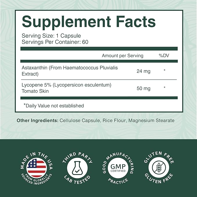 PurePremium Astaxanthin Supplements - Astaxanthin 24mg with Lycopene 50mg Antioxidants Supplement for Skin &amp Eye Health &amp Immune System Support – Non-GMO - 60 Count 2 Month Supply