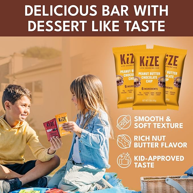 KiZE Energy Bars - Peanut Butter Chocolate Chip - 20-Count - Gluten Free Dairy Free Non-GMO and High Protein Meal Replacement Energy Bars Clean and Simple Food Ingredients - 10g High Protein Snack