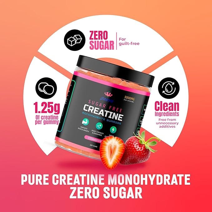Jaeva Sugar Free Creatine Monohydrate Gummies 5g 5000mg for Men &amp Women Strawberry - 120 Count Pre Workout for Energy Boost for Building Muscle and Strength Vegan Non-GMO 3rd Party lab Test