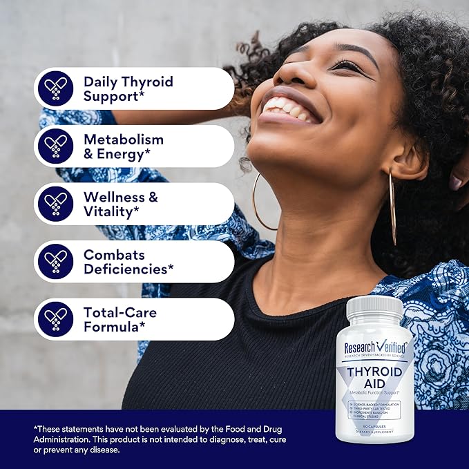 Research Verified® Thyroid Aid - Optimal Thyroid Function with Iodine Copper &amp Zinc - 260 mcg Selenium - 100% Pure - Vegan Friendly - 60 Capsules Per Bottle - 6 Bottles