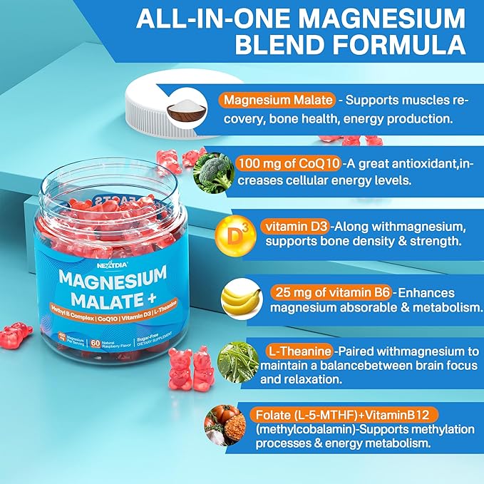 Magnesium Malate Gummies - Magnesium 400mg L-5-MTHF Folate 680mcg Methyl B12 B6 L-Theanine &amp CoQ10 - Sugar Free Methylated Magnesium Complex for Women Men Methylation Energy Muscle &amp Ca