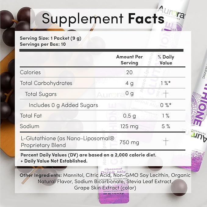 Aurora Nutrascience Nano-Liposomal Glutathione Drink Mix - 750 mg Liposomal Glutathione Supplement Antioxidant &amp Immune Support for Men &amp Women Sugar-Free Non-GMO - 10 Single Serve Packets