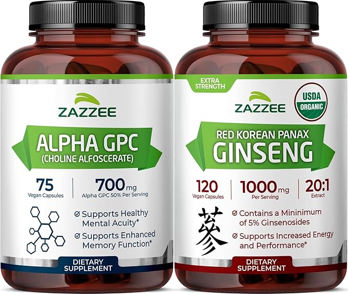 Herbal Cognitive Support Bundle | USDA Organic Korean Panax Ginseng Extract Plus Alpha GPC Choline Capsules | Non-GMO Vegan &amp ISO Lab Tested