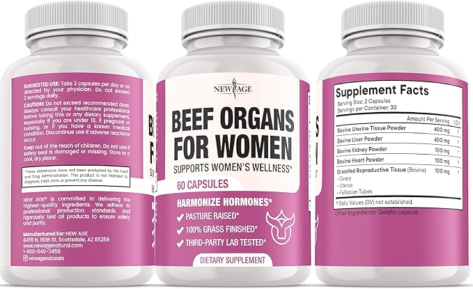 NEW AGE Beef Organ Supplement for Women - Beef Liver Kidney Heart and Uterus Tissue Supports Women's Overall Energy and Health - Pasture Raised Grass Fed - No Fillers - 60 Capsules
