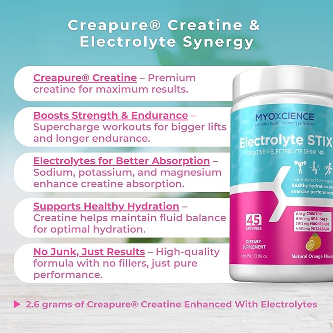 MYOXCIENCE Electrolyte STIX | Creatine Electrolyte Powder | Recovery from Exercise &amp Muscle Development w/Real Salt (Natural Orange Flavor) (Jar 45 ct)