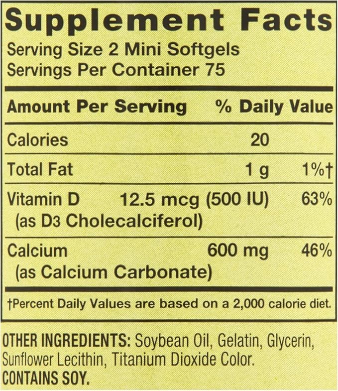Calcium Plus Vitamin D3 150 Mini Softgels | Calcium Supplement | softgels | Calcium 600 mg with Vitamin d3 | Calcium Carbonate 600 mg 150 Mini Softgels