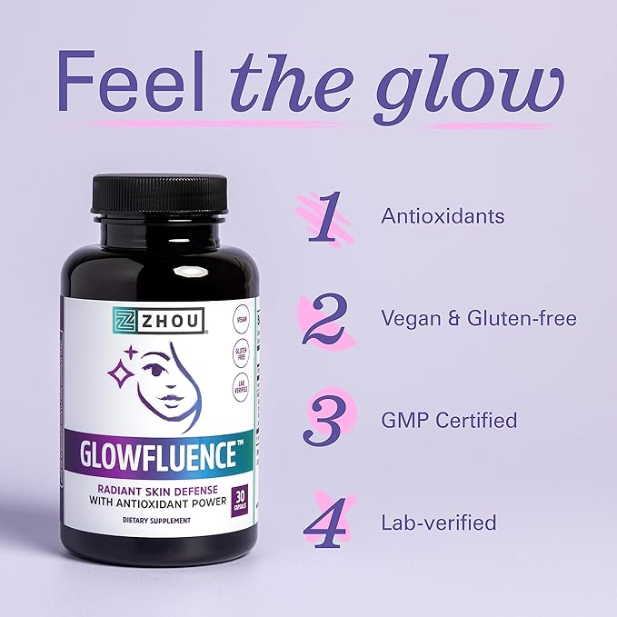 Zhou Glowfluence - Hyaluronic Acid Supplement with Vitamin C and Antioxidants Glowing Skin and Hydration Support Hyaluronic Acid Pills for Women and Men Pure Formula - 30 Vegetarian Capsules