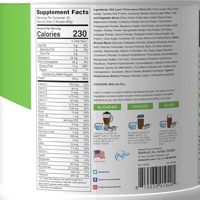 Lean1 Meal Replacement Protein Shake Chocolate Flavor 2-PACK of 15 Serving Tubs