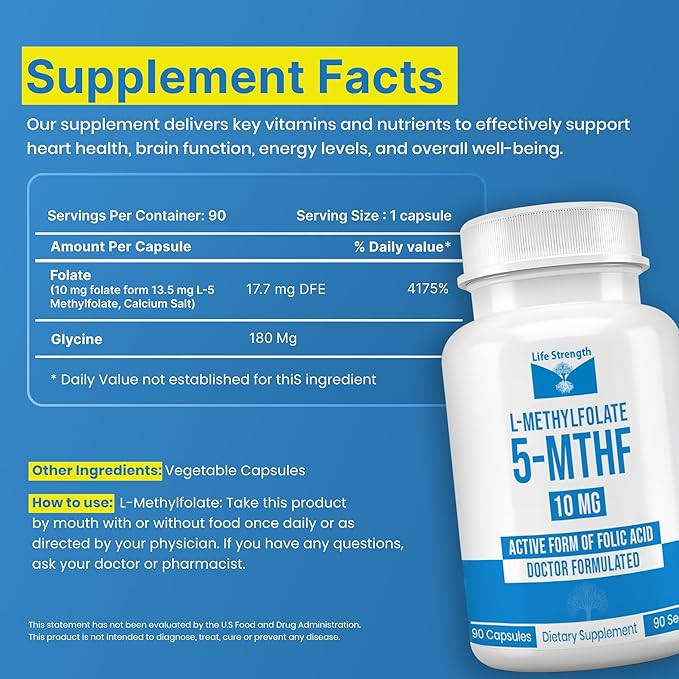 L Methylfolate 10mg | 90 Capsules | Optimized &amp Highly Bioactive Methyl Folate Supplement | 5-MTHF Supports for Energy Focus &amp Mood | Non-GMO Gluten Free Vegan | 3 Month Supply