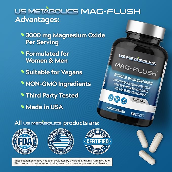 Mag Flush Magnesium Oxide Capsules 750mg 120 Vcaps - Oxygenated Magnesium Oxide Supplement for Constipation Relief Colon Cleanse Laxative and Digestion Support for Women and Men