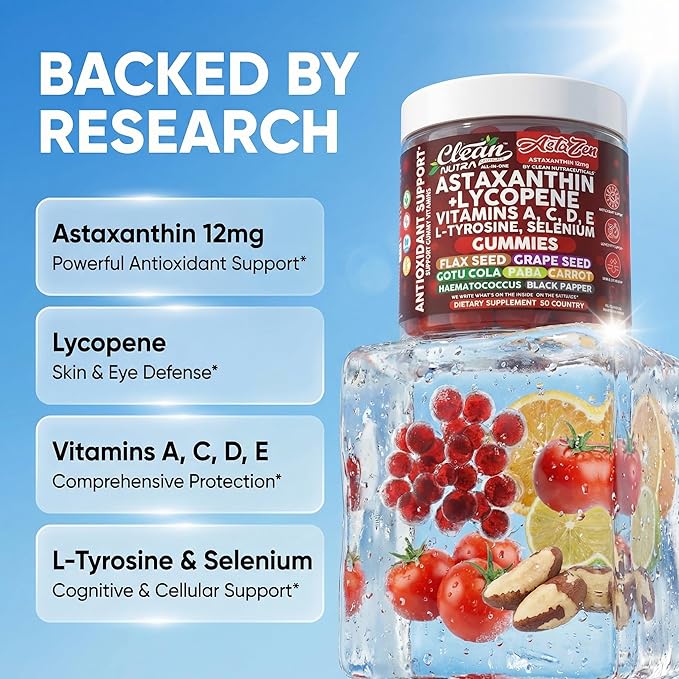 Clean Nutraceuticals AstaZen Astaxanthin Gummies 12mg - with Lycopene Vitamins A C D E L-Tyrosine &amp Selenium - Antioxidant Support Gummies - 60 Count