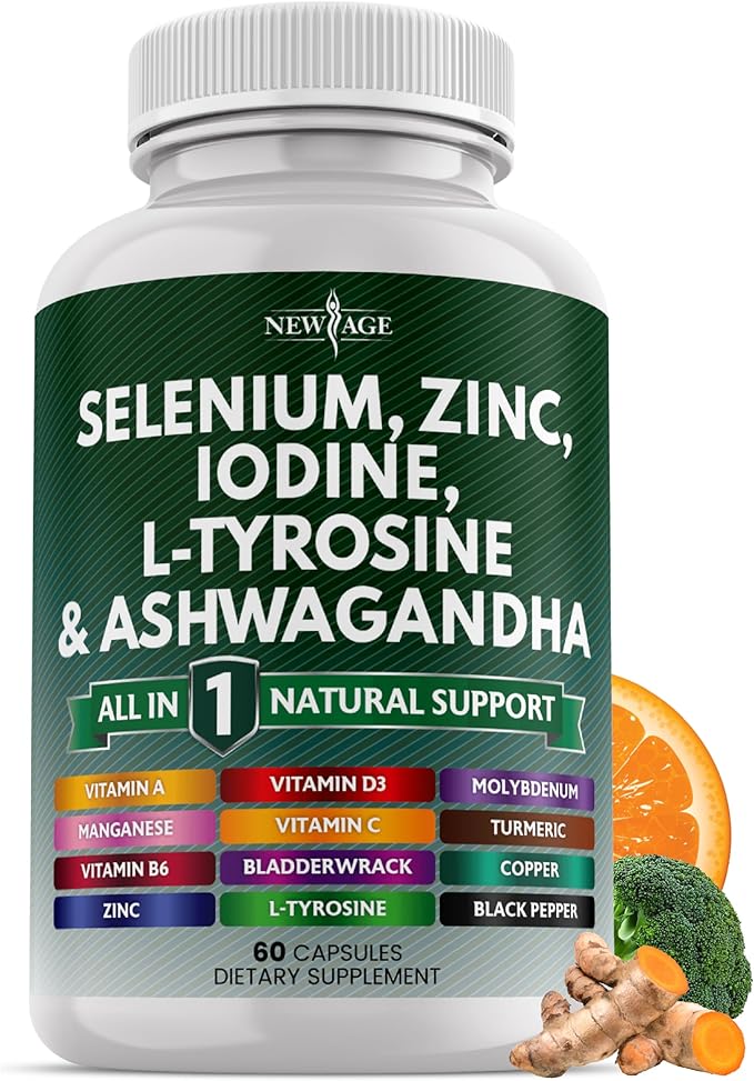Selenium Zinc Iodine L Tyrosine Ashwagandha - Support Supplement for Women and Men with Bladderwrack Turmeric Silica Kelp Schisandra - 60 Count