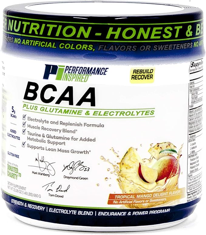 PERFORMANCE INSPIRED Nutrition BCAA Powder – 5G BCAA with Electrolytes Taurine &amp Glutamine – All-Natural Recovery &amp Clean Formula – Tropical Mango Delight – 1.46 lb