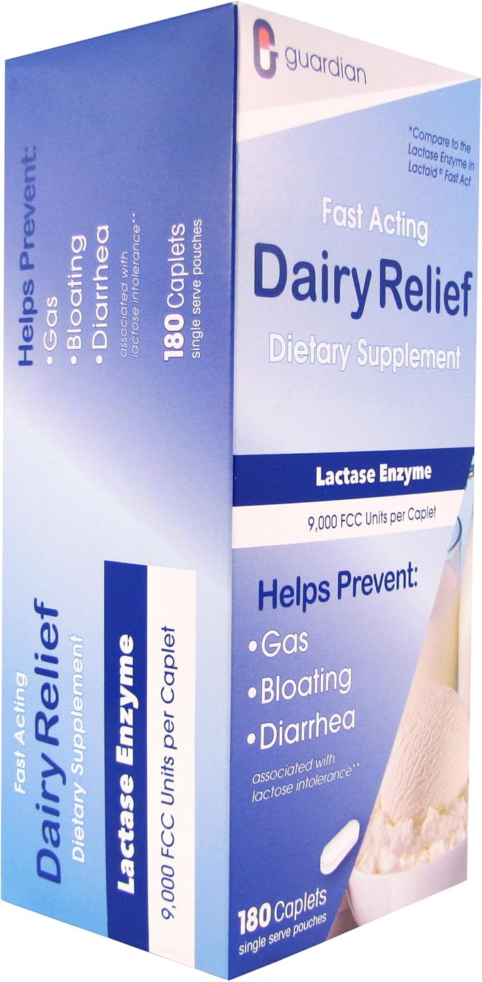 guardian Dairy Relief Fast Acting Lactase 360 Caplets 9000 FCC Maximum Strength Lactose Intolerance Pills Lactase Enzyme Supplement (360 CT)